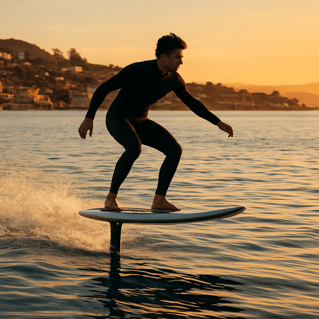 Persona surfeando sobre una tabla e-foil eléctrica en la bahía al atardecer