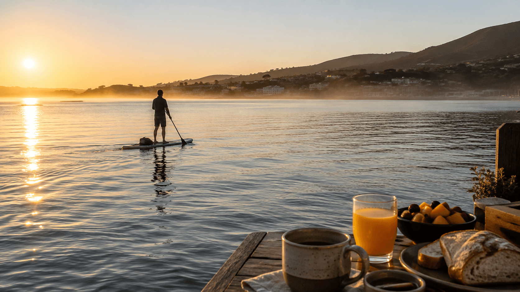 Persona practicando SUP al amanecer en la bahía, con desayuno frente al mar.
