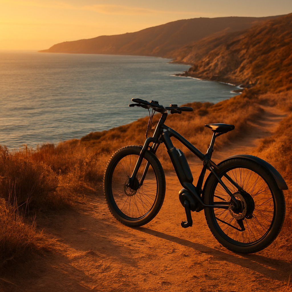 Bicicleta eléctrica en un sendero costero de Papudo al atardecer